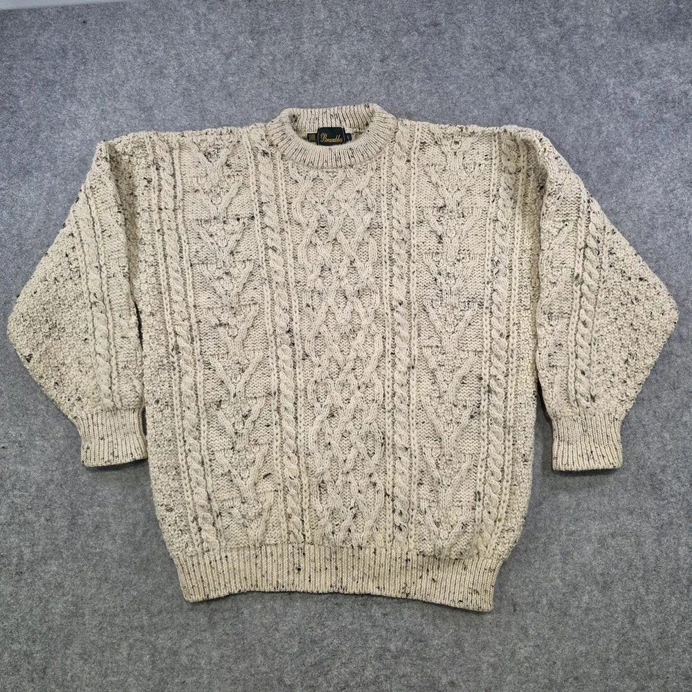 Brambles Sweater Mens Large White Wool Cable Knit Crewneck Pullover Heavyweight